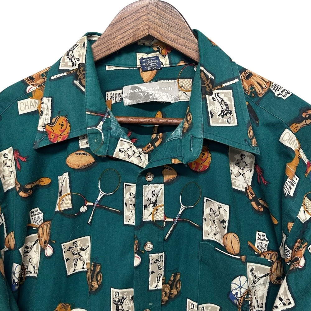 Vintage Sports Shirt Mens SZ XL AOP Photo Print Button Up Long Sleeve 70s Retro